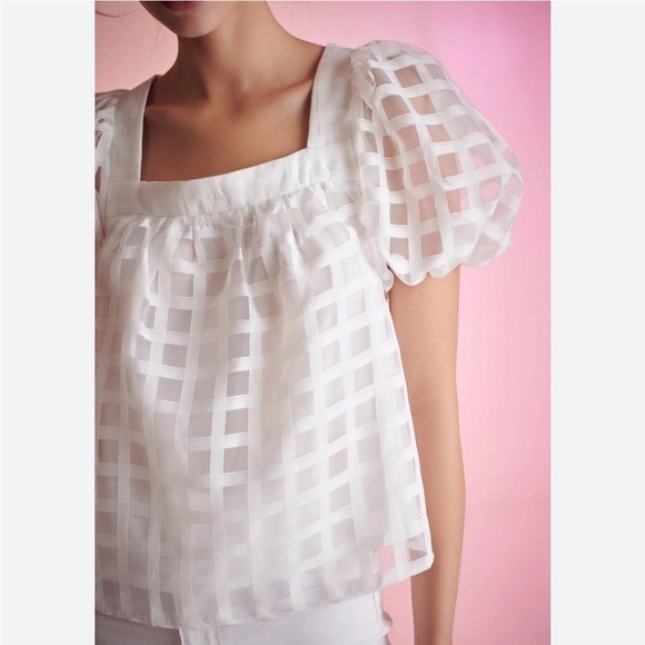 English Factory White Grid Pattern Puff Sleeve Organza Top- Size Extra Small - Picture 4 of 14